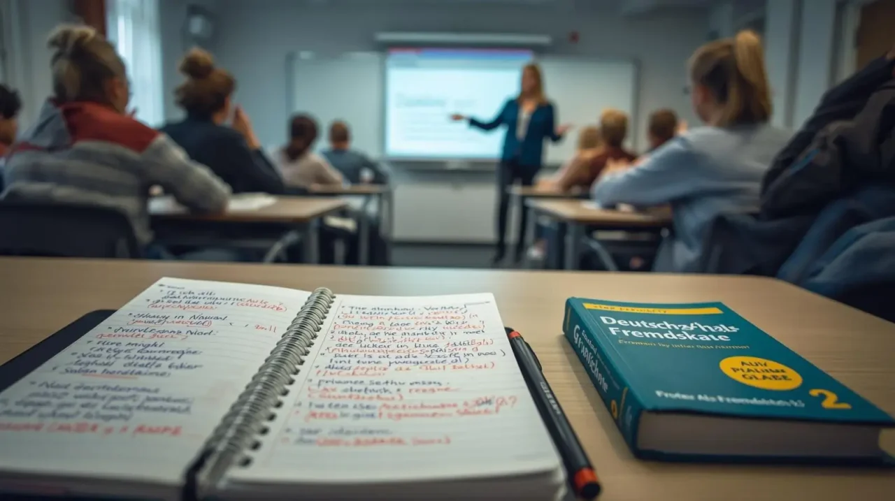 Otvorena spiralna sveska sa rukom pisanim beleškama u prvom planu na stolu. Pored nje se nalazi plavi udžbenik sa naslovom na nemačkom jeziku. U pozadini, učiteljica stoji ispred projekcionog platna u učionici punoj učenika.