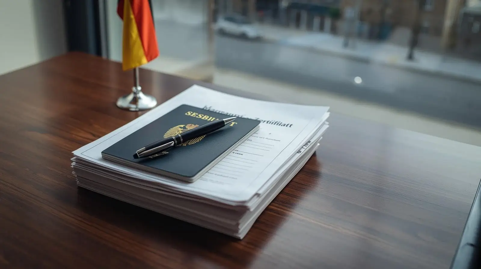 Krupni plan tamnog pasoša i luksuzne olovke položenih na vrhu urednog steka papira na drvenom stolu. U gornjem levom uglu nalazi se mala stona zastava Nemačke. U pozadini se kroz prozor vidi mutan pogled na ulicu.
