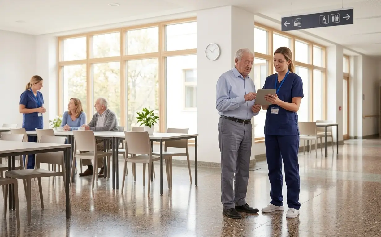 Medicinska sestra u domu za stare pokazuje informacije na tabletu starijem korisniku u svetlom hodniku ustanove.